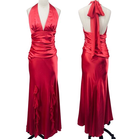 Vintage Dresses & Skirts - Vintage Y2k Satin Halter Neck Gown Ruched Mermaid Ruffled Slits Coral Hot Pink 4